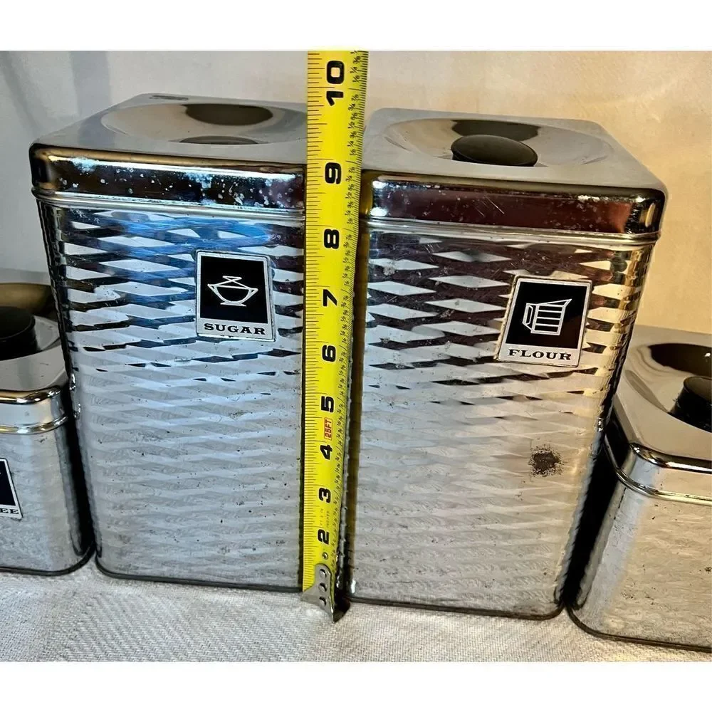 Vintage 4 Piece MCM Chrome/Black Wavy Diamond Textured Canister Set READ